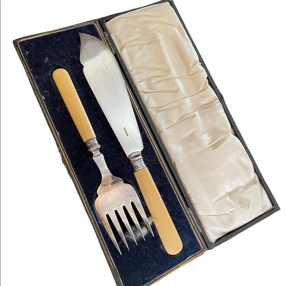 Antique Serving fork & knife Ivory Sterling England appx 1840s - Picture 3 of 12